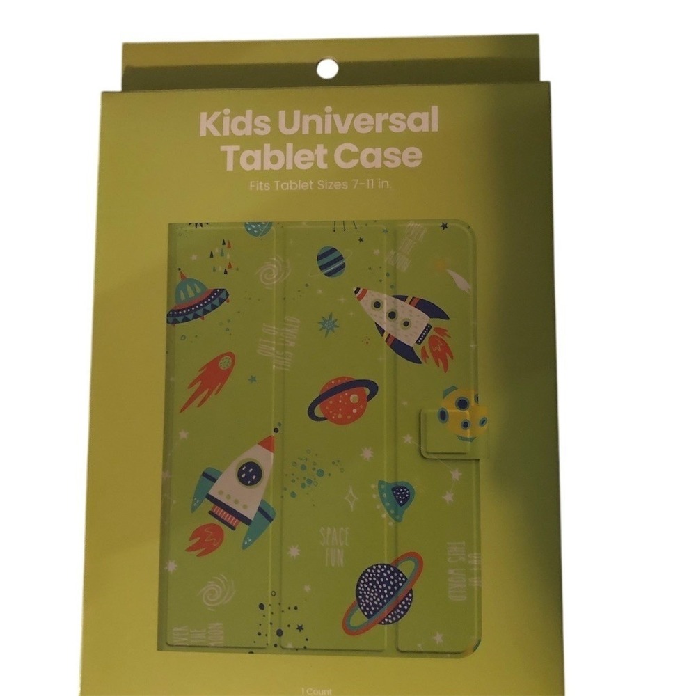 Kids Universal Tablet Folio Case 7-11 in Green Space Rockets Stand